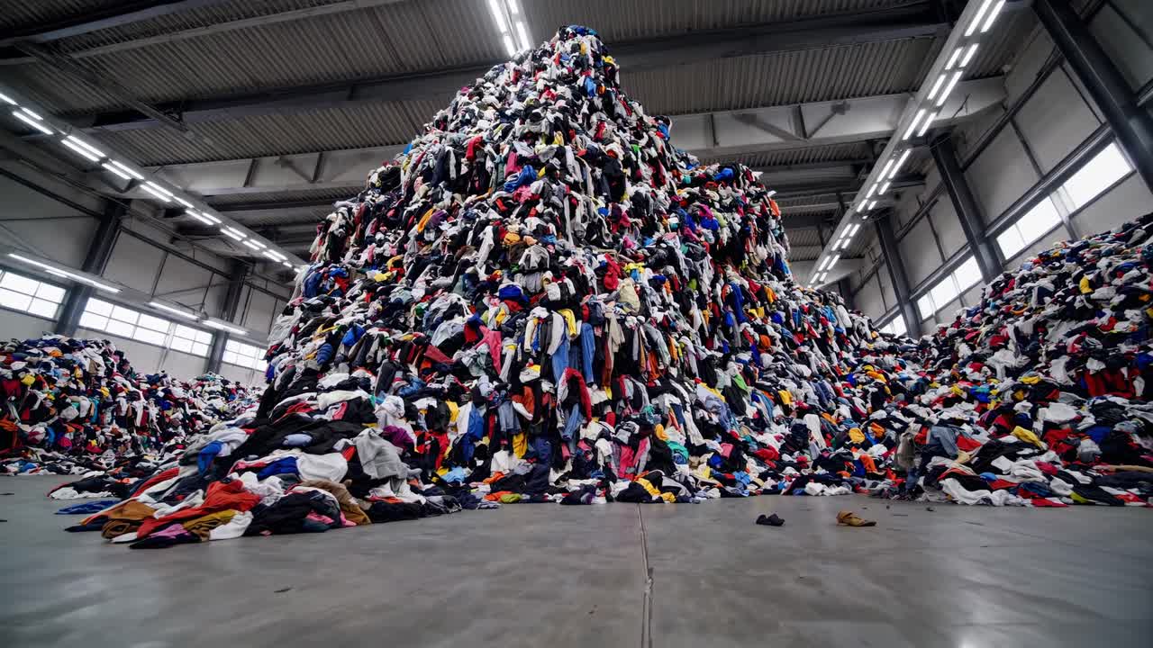 Wide-angle shot of a massive pile of clothes in a warehouse, highlighting waste and consumption