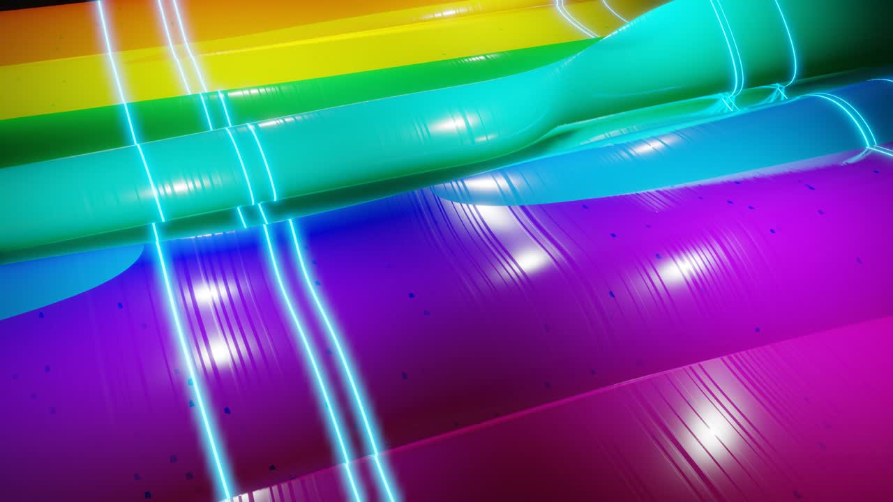 superficie 3d abstracta con hermosas olas, chispas luminosas y gradiente de colores brillantes, colores del arco iris. las olas corren en una superficie muy brillante y brillante con brillo brillante. animación en bucle 4k