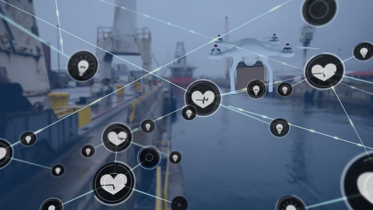 패키지를 운반하는 드론을 통해 아이콘으로 연결된 네트워크의 애니메이션