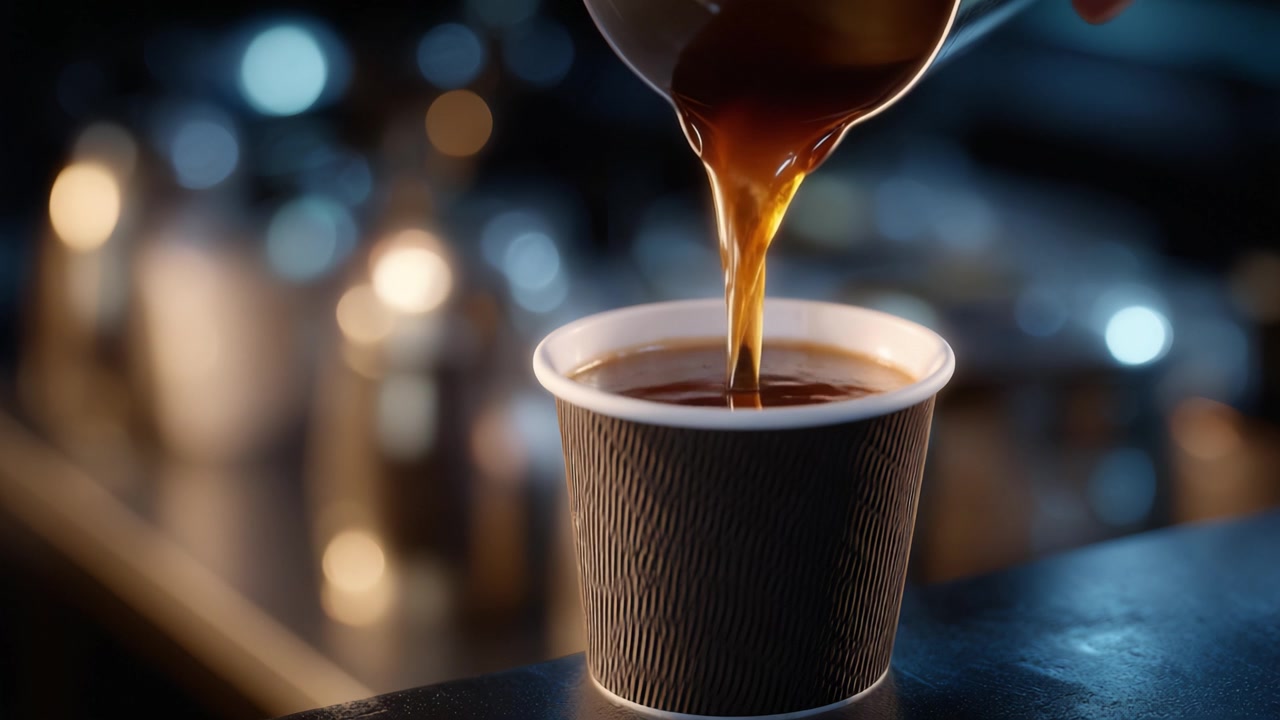 Un primo piano di caffè versato in una tazza usa e getta, che cattura colore e texture ricchi in un'accogliente ambientazione da caffè, con un focus sul processo di preparazione e sugli aromi.