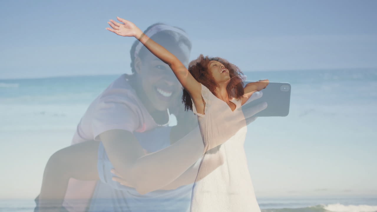 Stretching arms joyfully, woman with beach background and smiling animation overlay