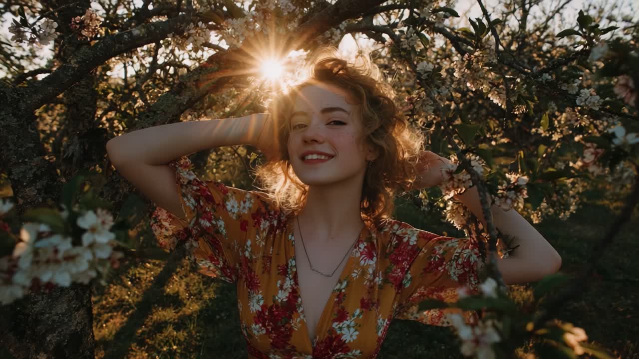 A Joyful Young Woman Posing Amidst Blossoming Trees, Embracing Nature's Beauty with a Radiant Smile and Glowing Sunlight in the Background