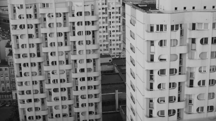 Vista arquitectónica en blanco y negro de edificios de apartamentos de gran altura