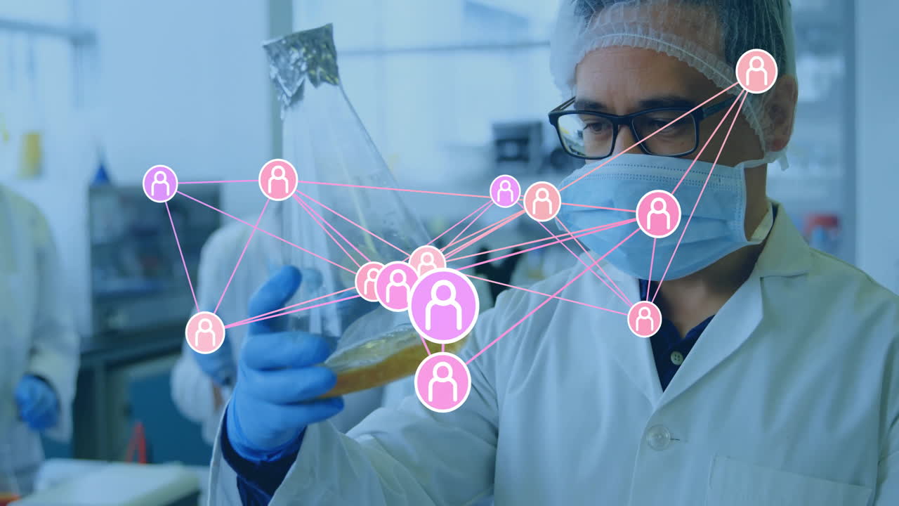 Examining liquid, scientist in lab with network connections animation overlay