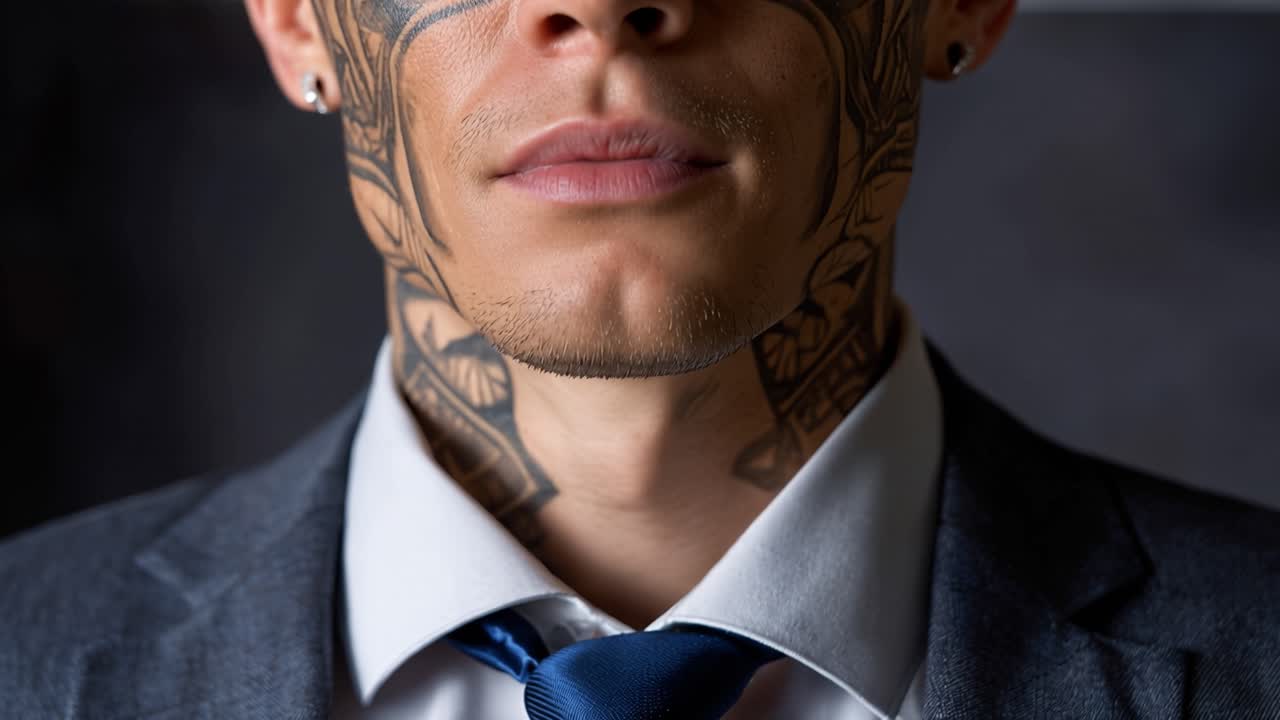 Volto tatuato incontra un abito formale. Cravatta ordinata, colletto impeccabile, abito elegante. L'umore è calmo, sicuro, elegante. Perfetto per affari all'avanguardia, moda moderna. Nessun animale o pianta in questa ripresa