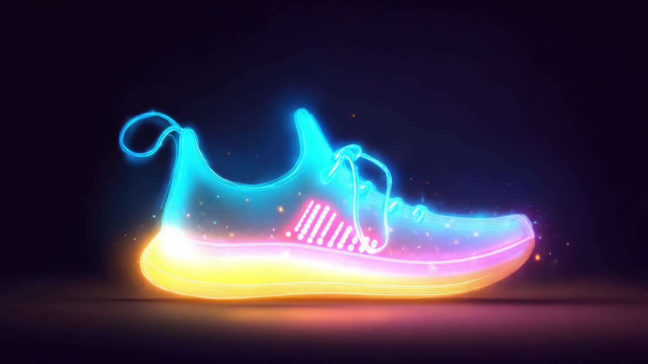 A Vibrant and Stylish Pair of Futuristic Sneakers Glowing with Neon Colors, Showcasing a Unique Design and Eye-Catching Light Effects in an Abstract Setting