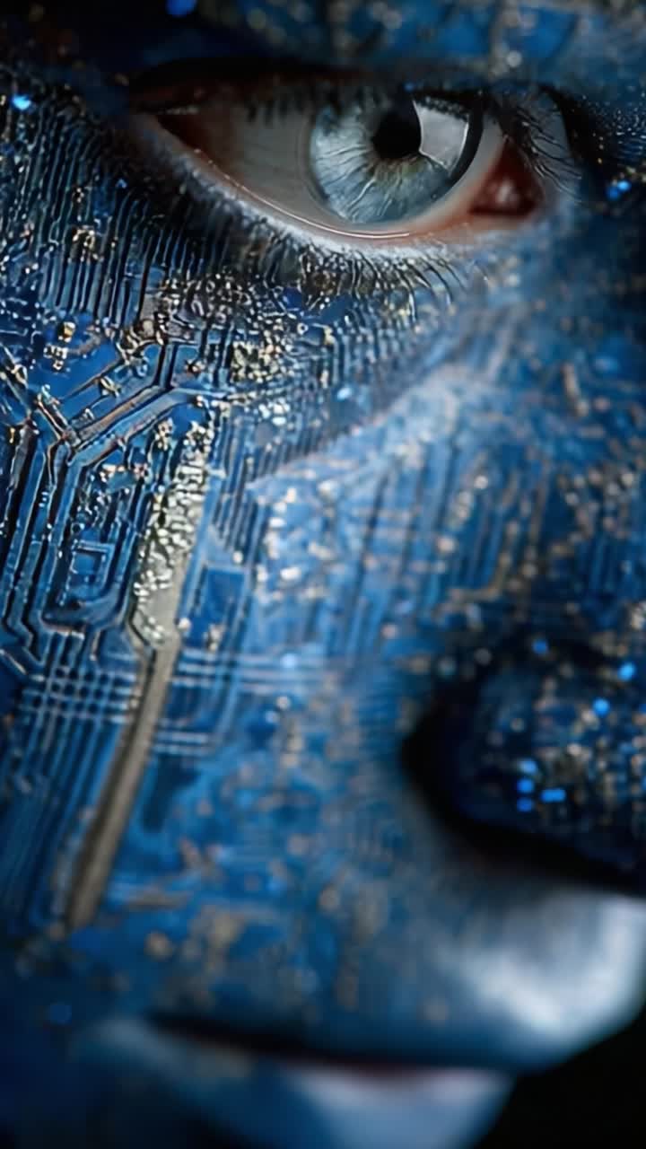 Esplorando la fusione tra emozione umana e tecnologia: uno sguardo ravvicinato su un volto integrato con intricati motivi di circuiti e arte digitale