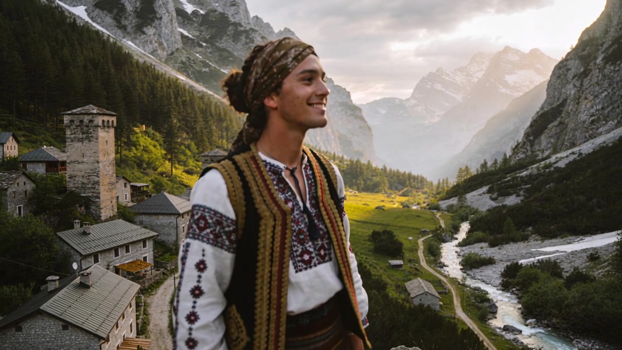 Camera tightening, man in folk garb rotating head, smiling on rocky overlook above stone village