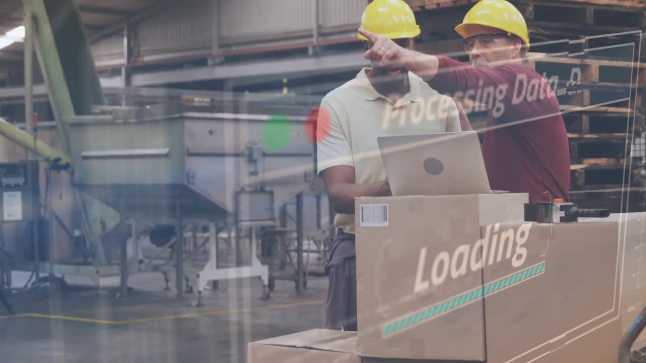 procesamiento de datos y animación de carga sobre los trabajadores que manejan paquetes en el almacén