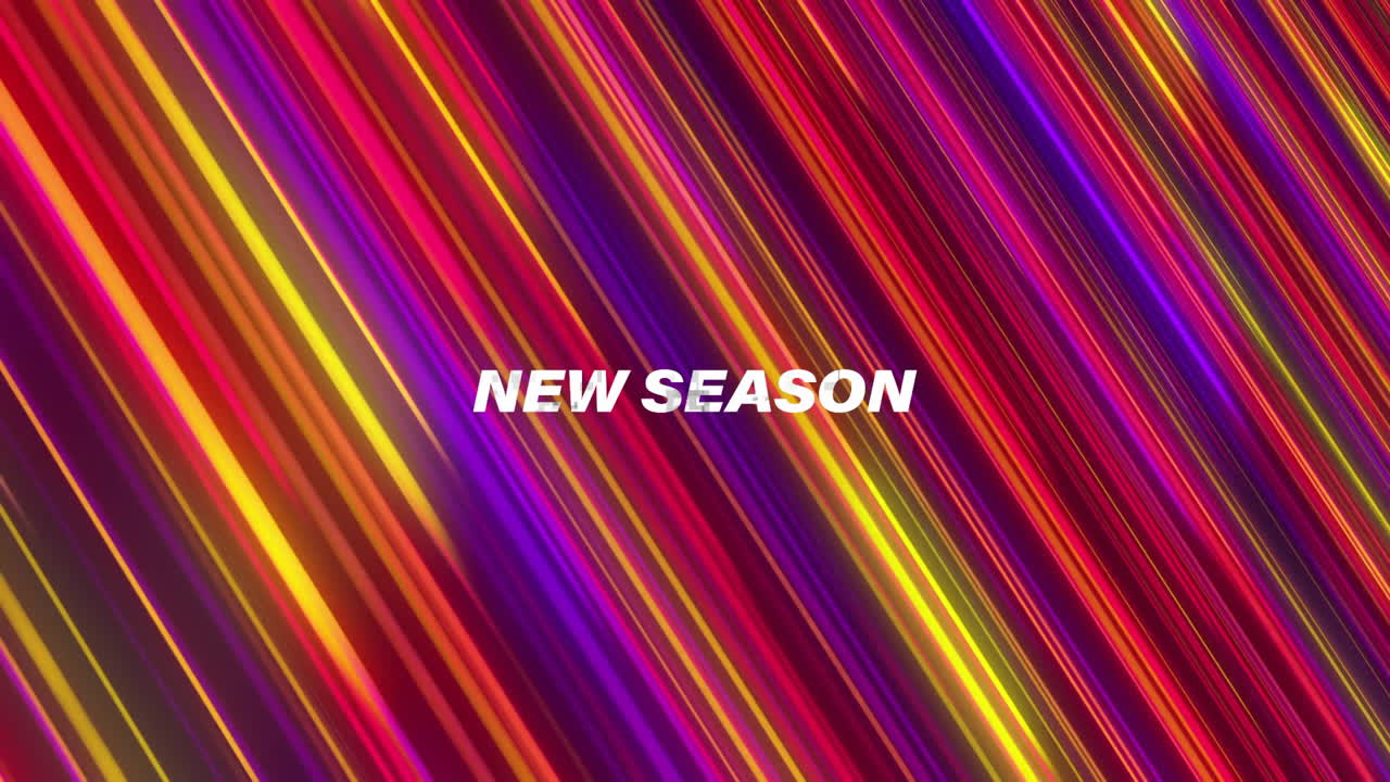 New season text animation over vibrant diagonal lines in various colors