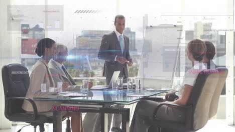 a group of business people are chatting before a presentation in a boardroom