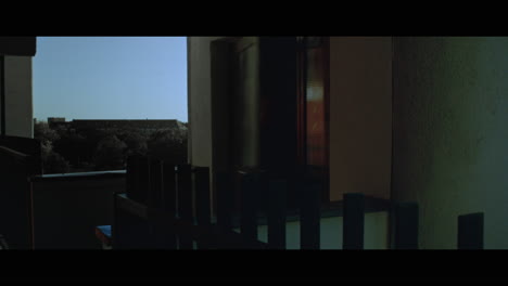 a bald dangerous looking man enters the outside corridor and shoots a gun