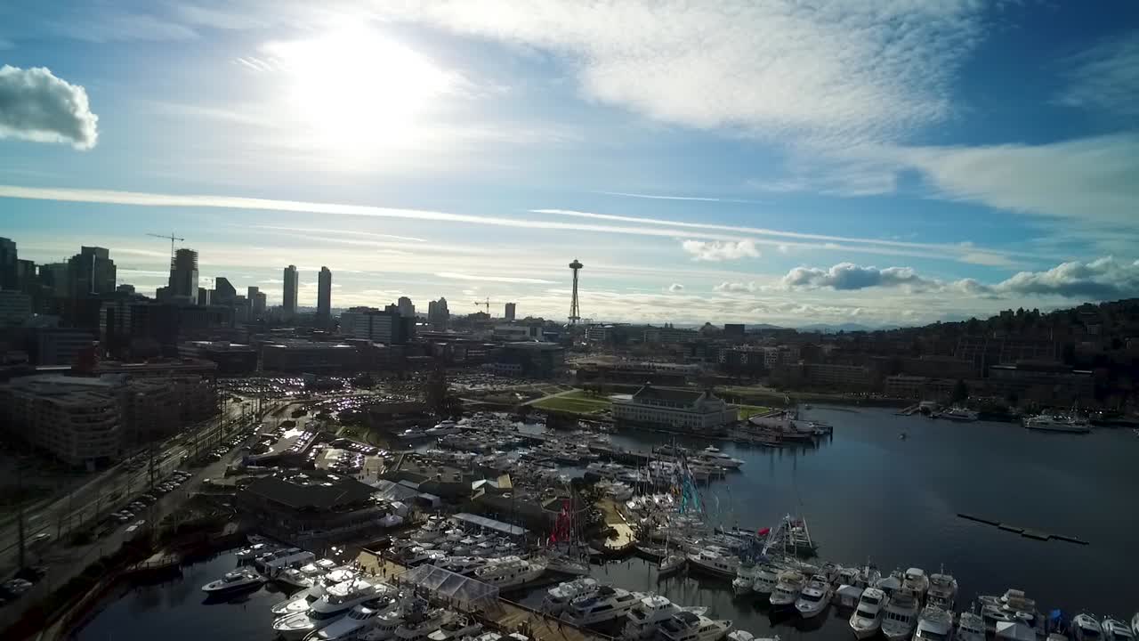 Aerial of a sunny warm day over Lake Union in Seattle, Washington.
