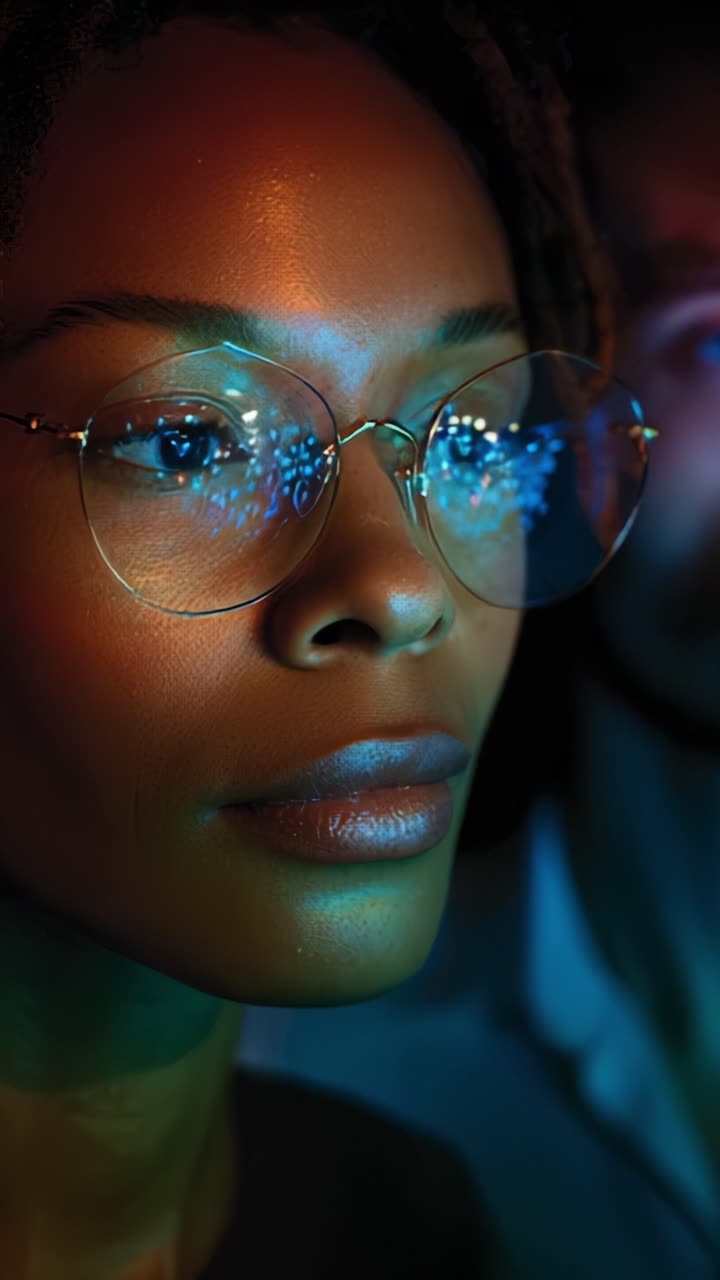 Mesmerizing Close-Up of a Thoughtful Individual with Reflective Glasses Illuminated by Colorful Lights, Creating a Dreamlike and Introspective Atmosphere
