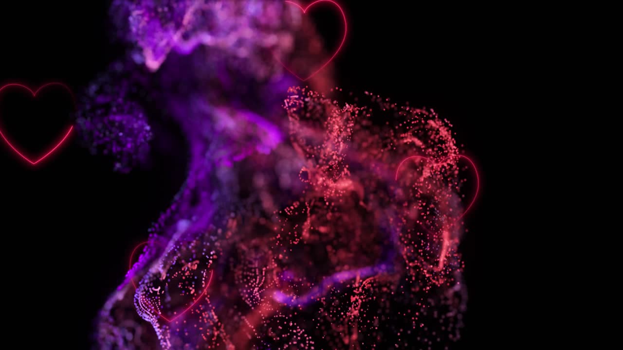 Animation of falling glowing hearts shapes and pink wave on black background