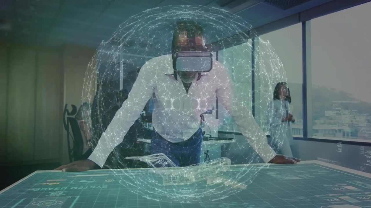 mature man wearing VR leaning over desk in tech lab, projecting holographic airplane blueprint