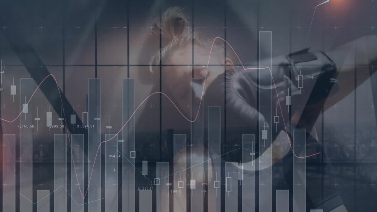 female boxer throwing punch inside gym, overlaying finance charts with candlestick and bar graphs