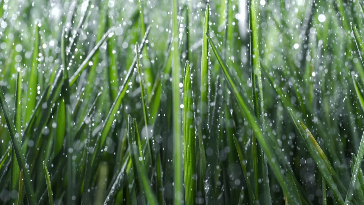 Green grass close-up raindrops slowly falling on the grass. Shot on super slow motion camera