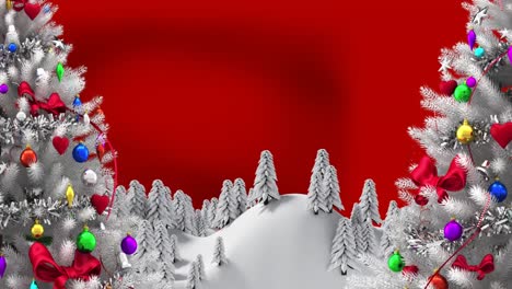 Animation-Eines-Tannenbaums-Mit-Dekoration-In-Winterlandschaft-Auf-Rotem-Hintergrund