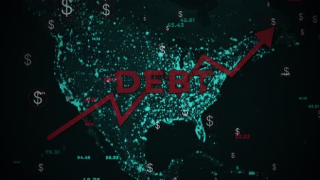 rising debt graphic animation over north america map