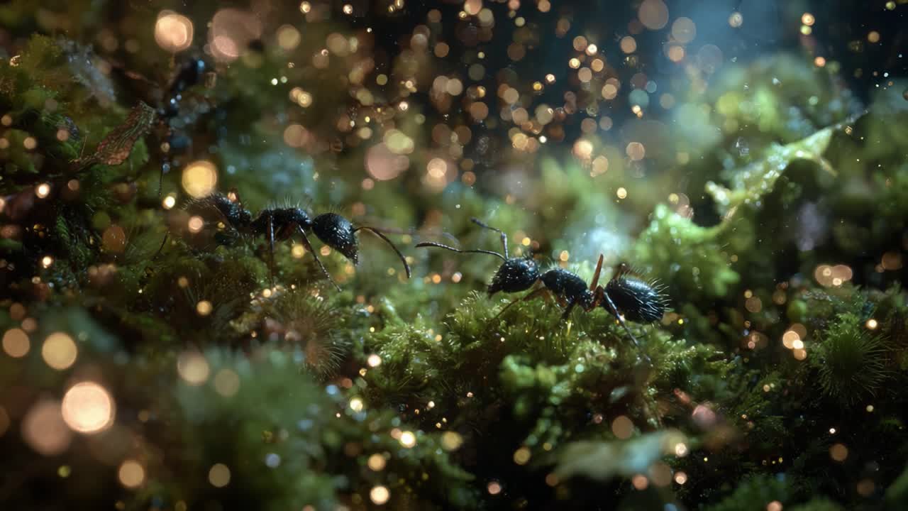 A Fascinating Close-Up of Ants Conducting Their Daily Activities Amidst a Glittering Forest Scene, Showcasing Their Interactions and Surroundings in Stunning Detail