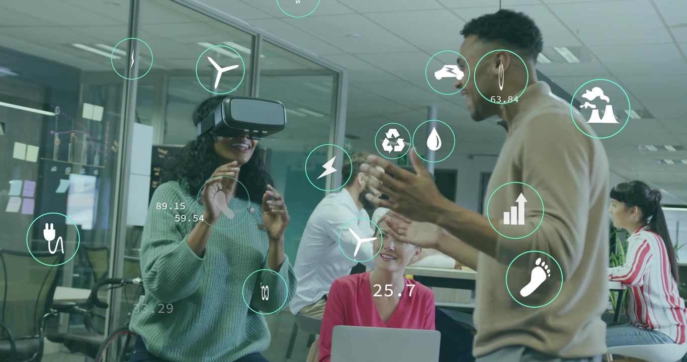 Woman stepping forward putting on VR headset, man guiding floating icons for showing tech metrics