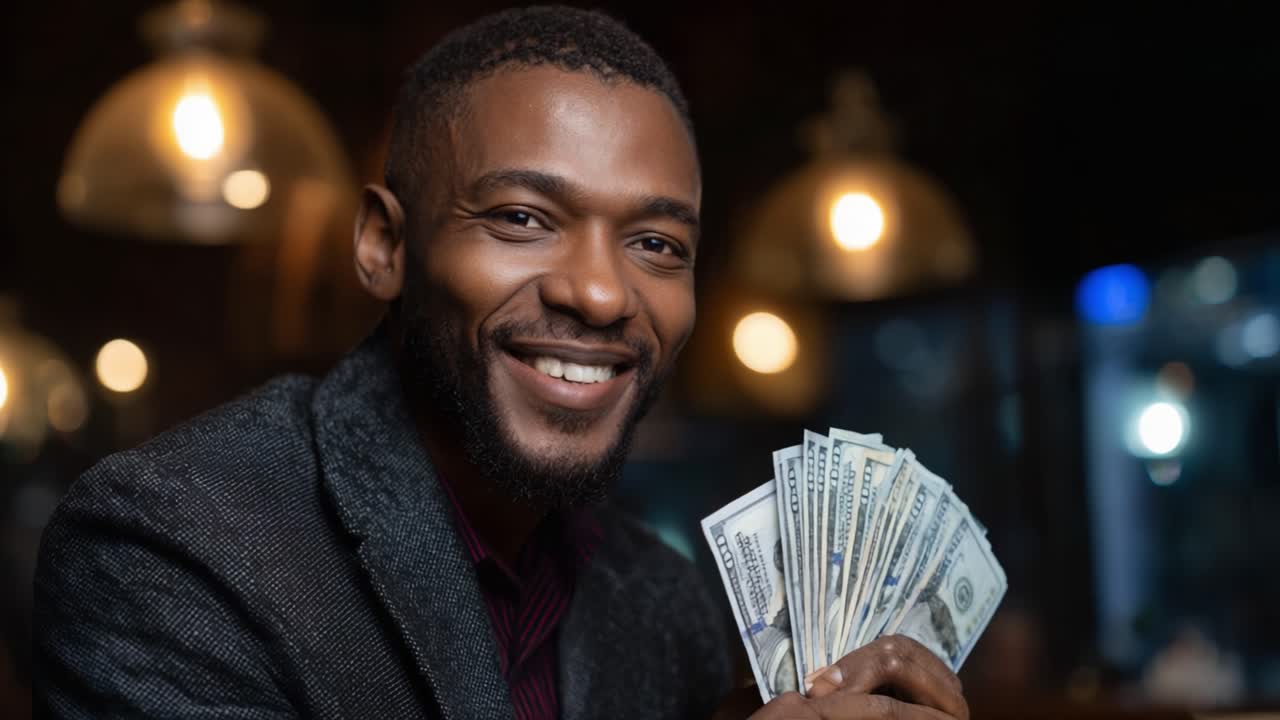 Uomo sorridente mostra con orgoglio del denaro contante in un ambiente accogliente, celebrando il successo finanziario e la ricchezza con un atteggiamento sicuro di sé e coinvolgente