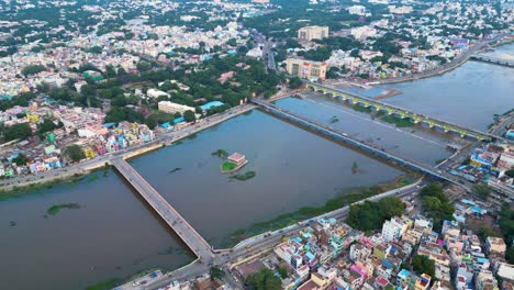 vaigai river with bright colored bridges connect city of madurai tamil nadu, aerial establish