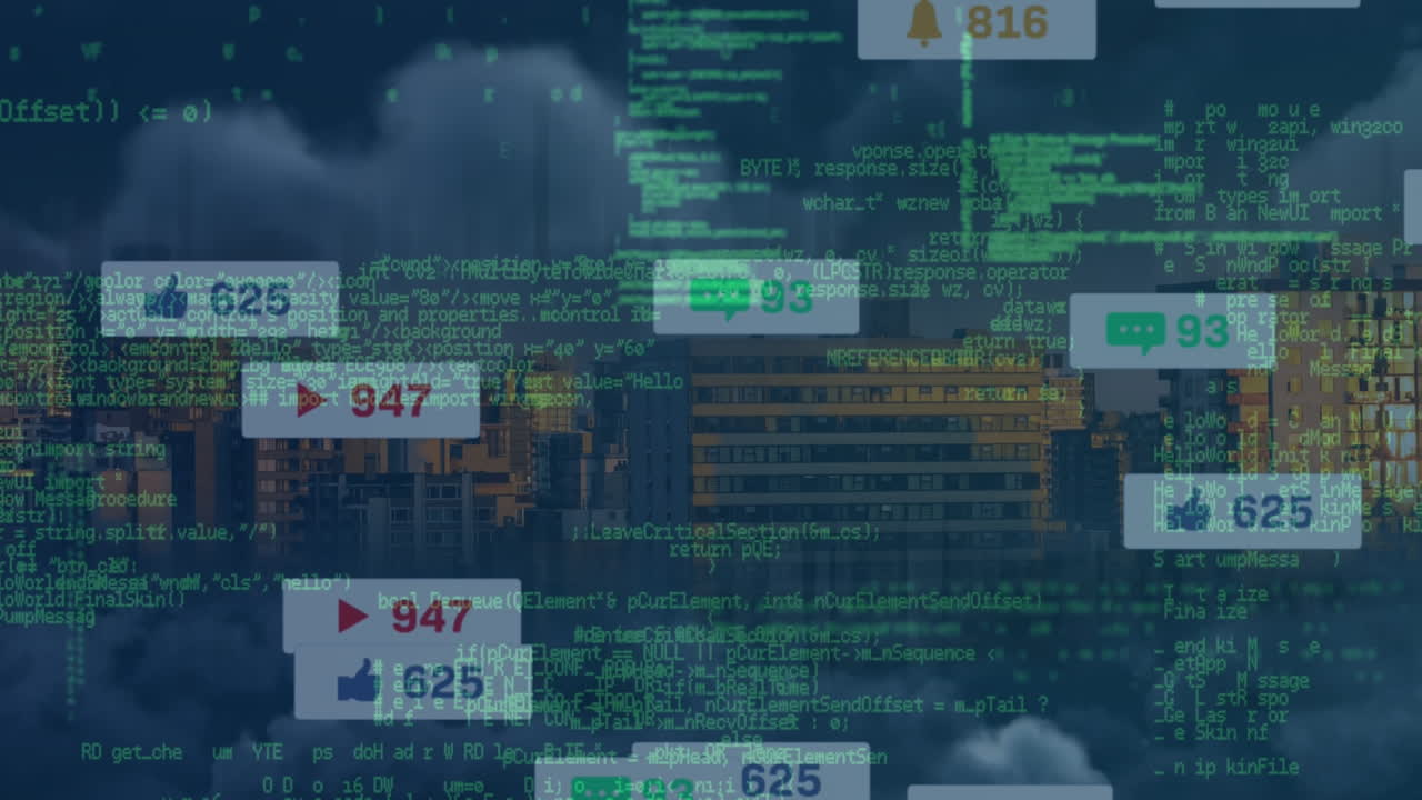 Animation of media icons and data processing over cityscape