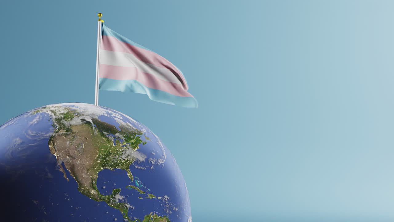 Vertical video of Transgender Pride Flag flapping against blue background, 3D