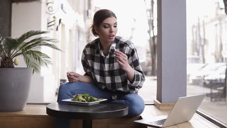 attractive young woman eating lunch in light cafe, enjoying her salad, looking at laptop. front view