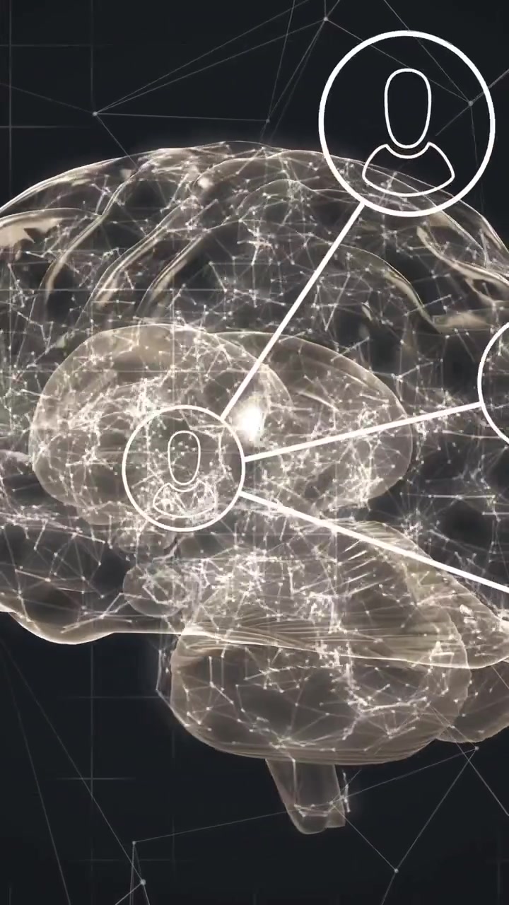 Vertical video: Camera orbiting lit brain, revealing pulsing avatar nodes linking neural web for IT