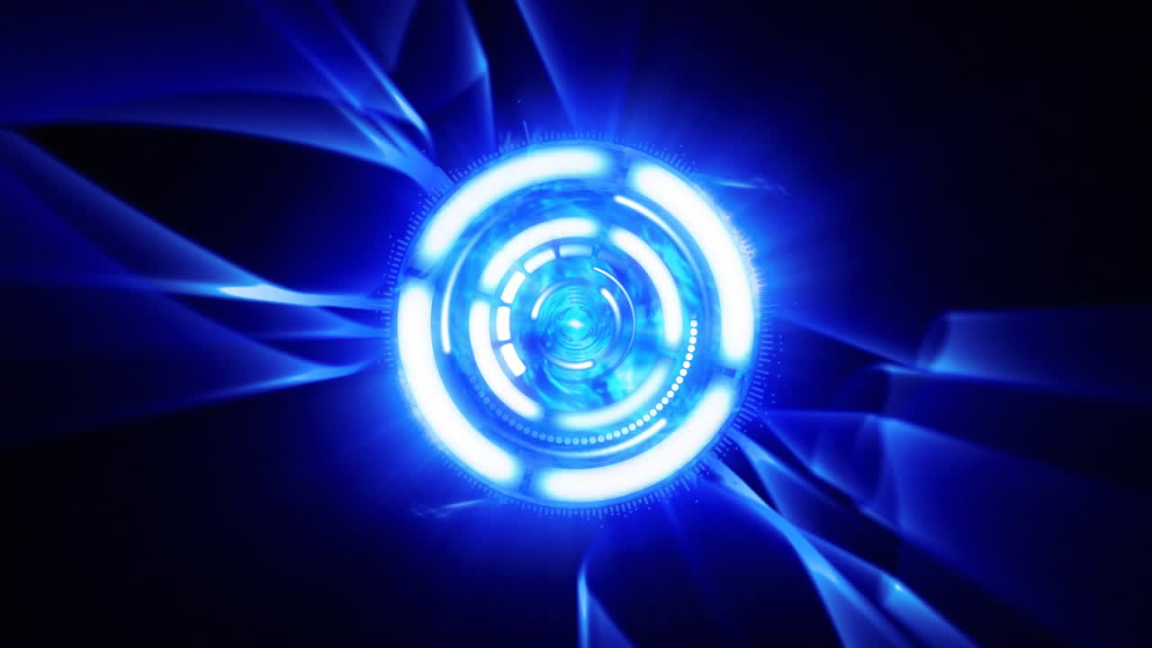 Animazione di diversi cerchi brillanti e bianchi in rotazione su sfondo blu e nero.