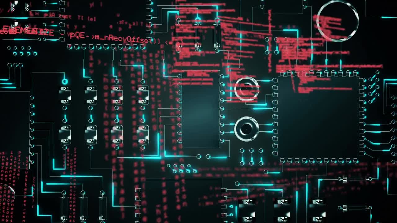 Animation of data processing on dark background