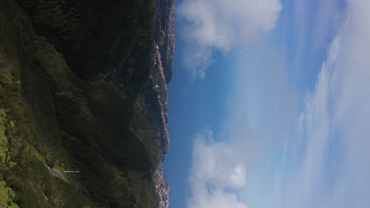 Winding mountain road, Pico Fernandez, Madeira, Portugal. Aerial forward, vertical format,copy space