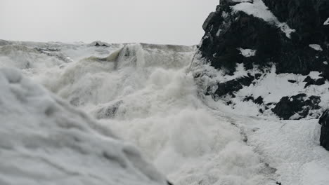 Wild-Mountain-River-Flowing-Through-Snowy-Boulders-In-Quebec,-Canada-During-Winter