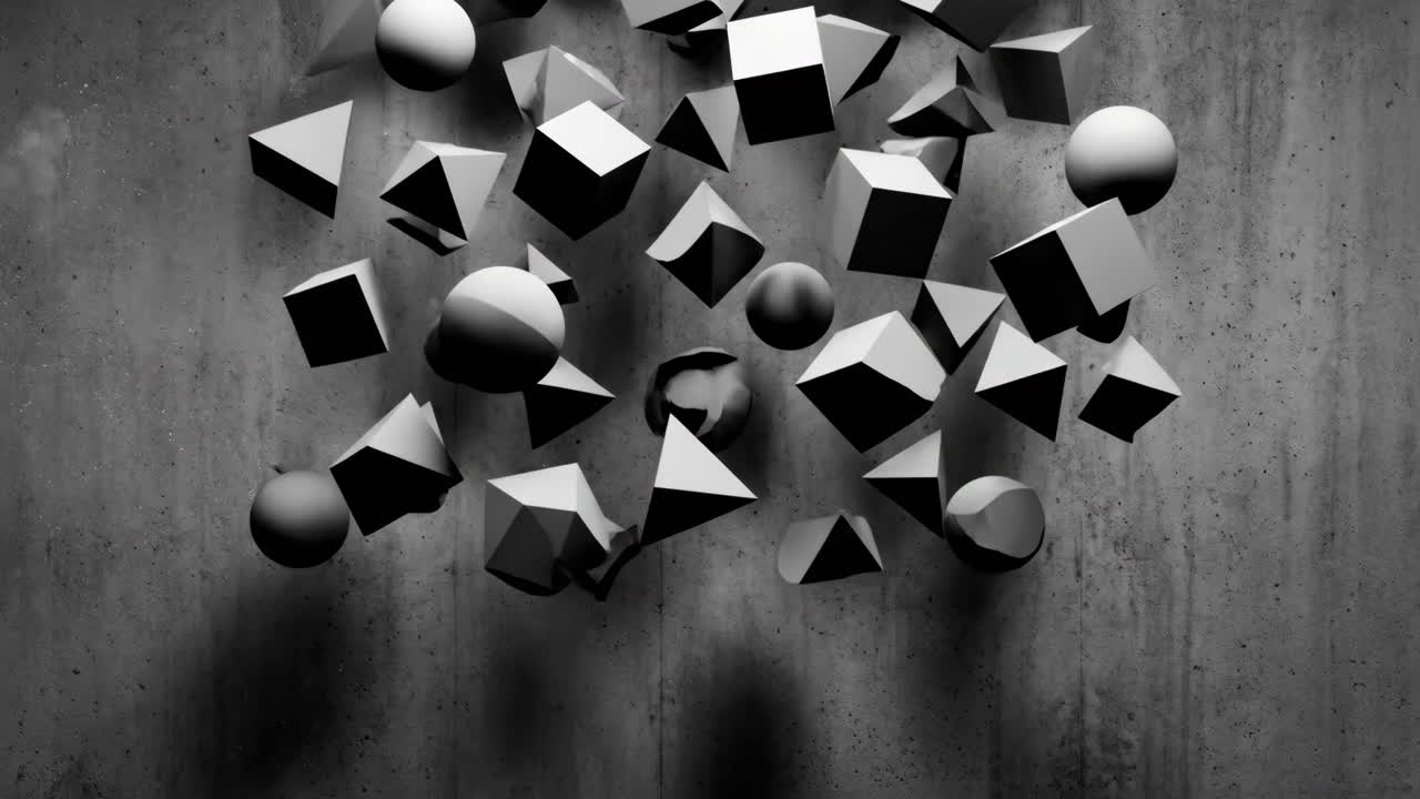 Monokrome 3D geometriske former, der falder ned på betonbaggrund