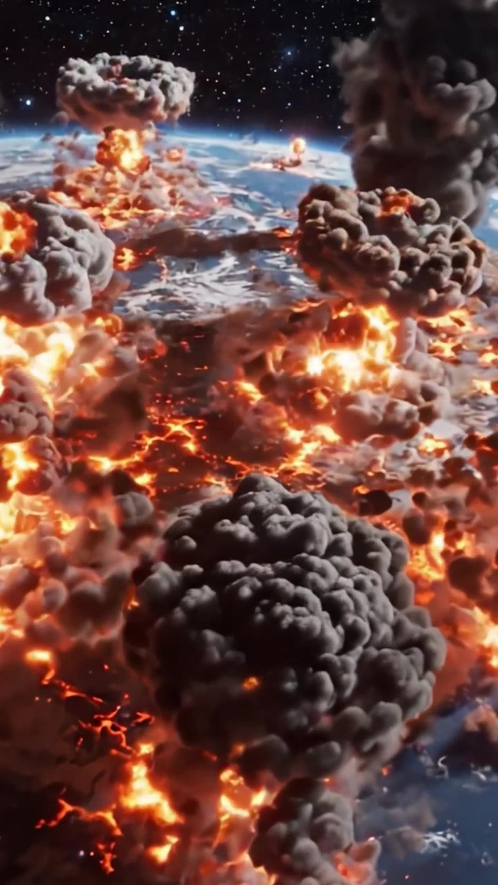 Disastro globale catastrofico: una rappresentazione drammatica della superficie terrestre nel caos con esplosioni, eruzioni infuocate e fumo denso su uno sfondo stellato