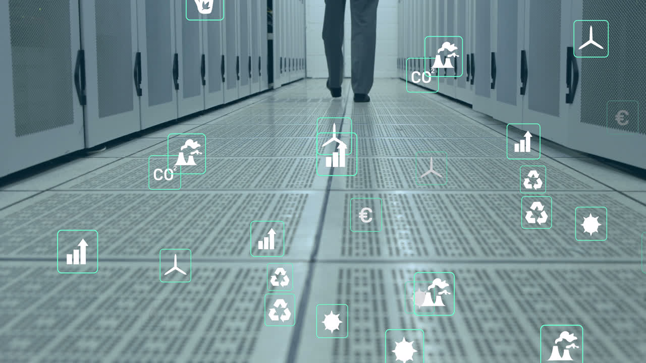 Animation of falling icons over server room