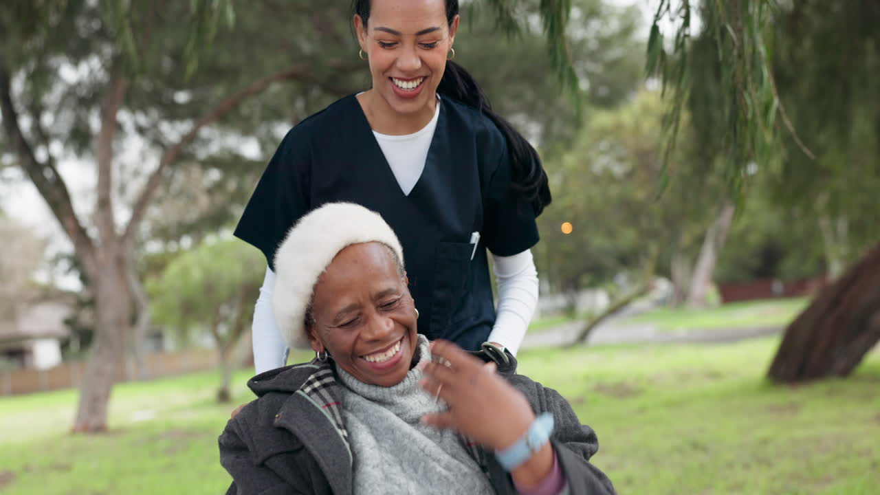 Nurse, garden and a senior woman in a wheelchair