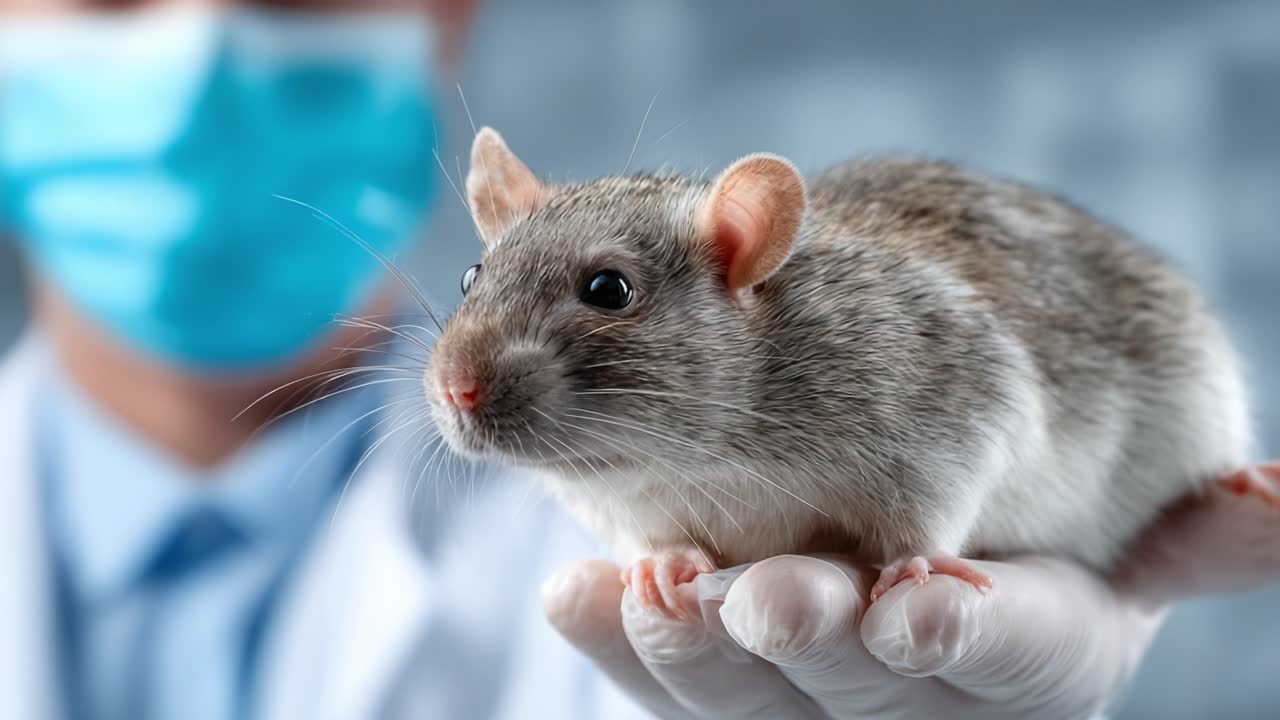 Close-Up of a Laboratory Rat Held by a Researcher Wearing Protective Gear, Highlighting the Importance of Animal Testing in Scientific Research and Health Studies