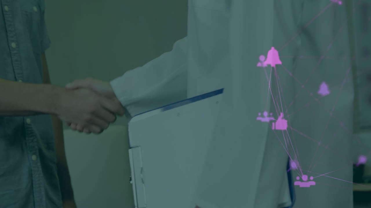 Digital network icons overlaying handshake between two people in office setting