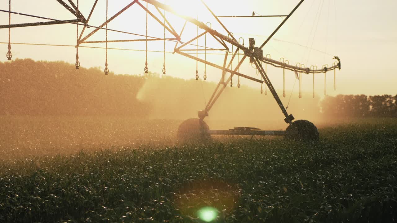 Agricultural irrigation system watering cornfield at sunset
