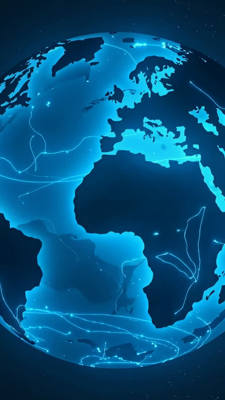 Video verticale: Globo illuminato che ruota dopo un impulso iniziale, mostrando gli oceani nello spazio che tracciano linee al neon.