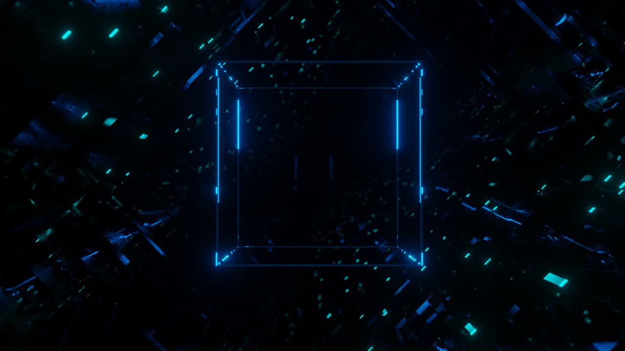 3d object or structure rotates and moves inside glass mirror tunnel with neon light, bright reflections. Fantastic abstract bg looped in 4k. Vj loop for show. Sci fi bg fly through hi tech tunnel