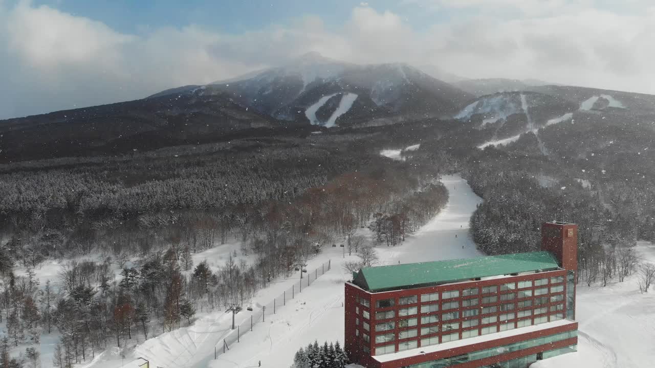 Winter resort building landscape in Mount Iwaki, Aomori Japan, Aerial drone view