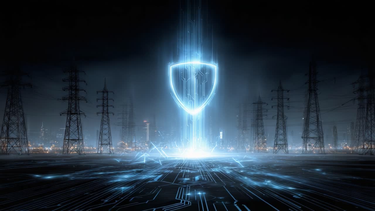 A captivating digital representation of a shield symbolizing protection, emerging from the ground with electric blue energy amidst towering power lines in a futuristic cityscape