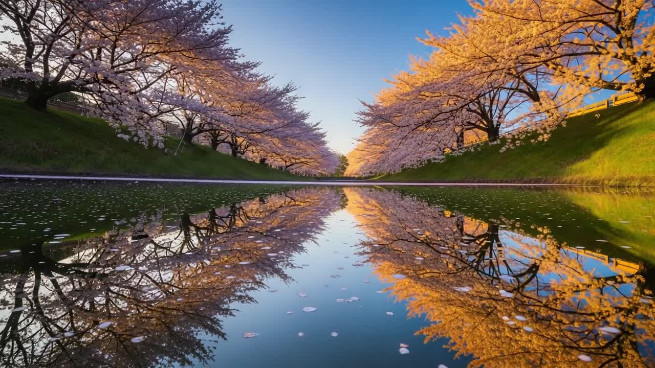A Serene Reflection of Cherry Blossoms: The Tranquil Beauty of Spring Captured in Two Stunning Frames at Dawn and Dusk