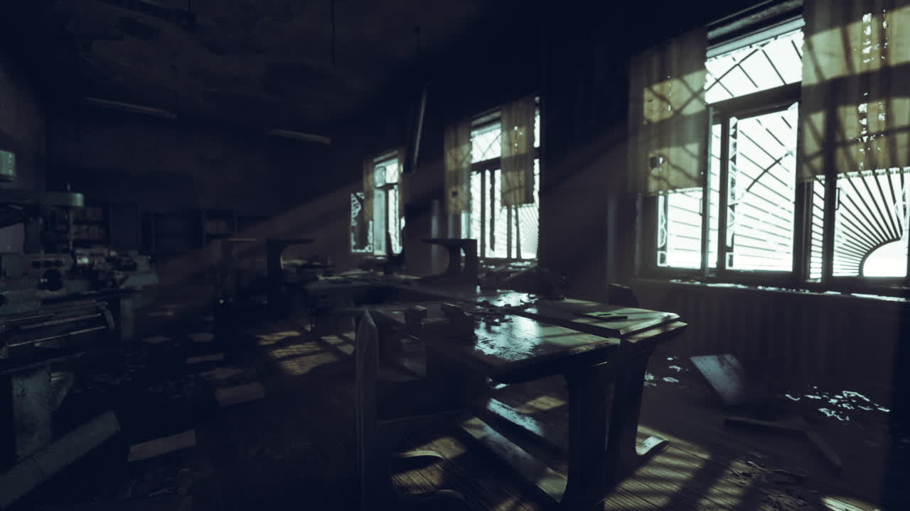 Abandoned classroom with sunlight streaming through dusty windows