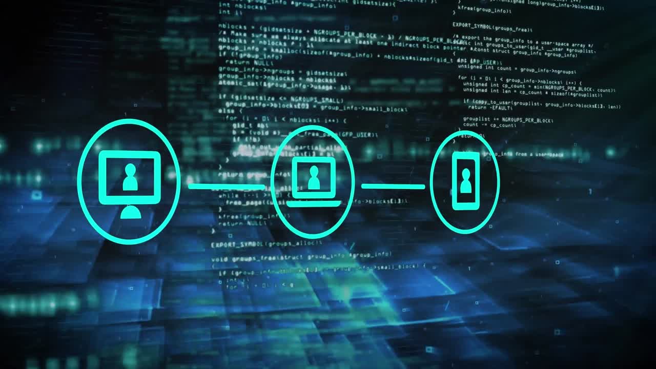 animación de iconos de medios vinculados sobre capas de datos de procesamiento en fondo oscuro